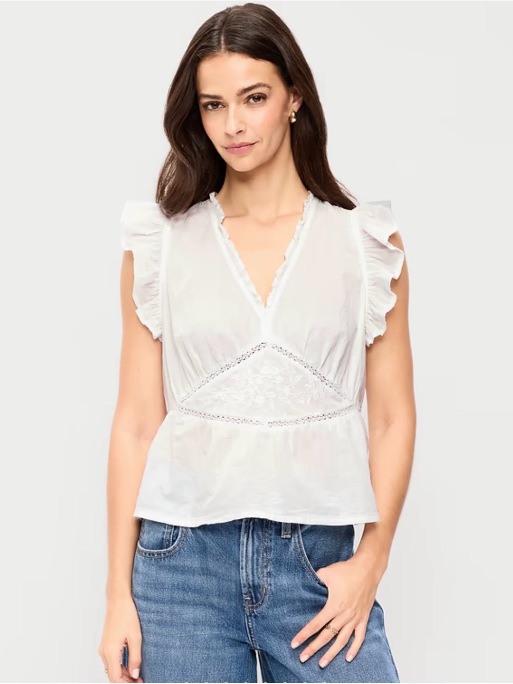Old Navy White V‑Neck Ruffle Sleeve Blouse